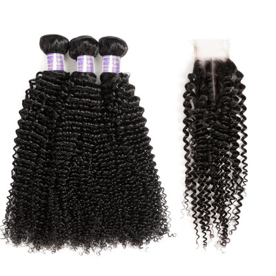 

Ishow 8A Kinky Curly Human Hair 3 Bundles with 24 Lace Closure Brazilian Hair Bundles with Closure