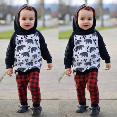 

Toddler Baby Boy Girl 2PCS Autumn Clothes Cartoon Hoodie TopPlaids Pants Outfit