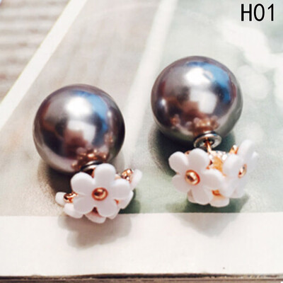 

Fashion Women Jewelry Double Sided Pearl Daisy Earrings Big Ball Beads Ear Stud