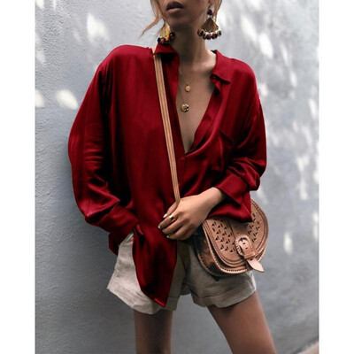 

2019 Amazon ebay stand alone Europe&America womens explosions solid color long-sleeved button cardigan ladies loose shirt blu