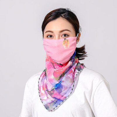 

19 summer sun protection neck chiffon mask female flowers antique elegant printing breathable mask square towel factory direct sales