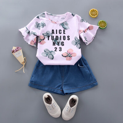 

Kozart Baby Girl Clothes Floral Letter Butterfly Short Sleeve Shorts Two-Piece Set Children Clothes