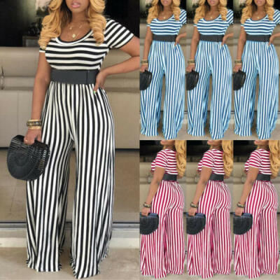 

Women Summer Loose Jumpsuit O-Neck Clubwear Wide Leg Pants Striped Romper Lot