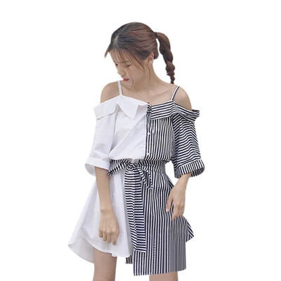 

Women Asymmetrical Color Matching Stripes Lapel Lace Tie Casual Sweet Shirt Tops