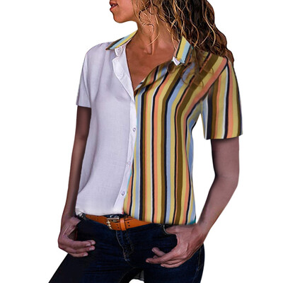 

Starmoon Women Casual Striped Cuffed ShortSleeve V-Neck Button-Up Color Block Blouse Tops