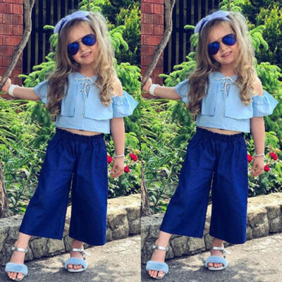 

Toddler Kid Baby Girl Clothes Ruffle Crop Top Wide Long Pants Summer Outfit Set
