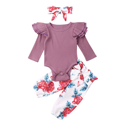 

3PCS Infant Toddler Baby Girl Clothes Ruffle Romper Bodysuit Floral Halen Pants Headband Outfits