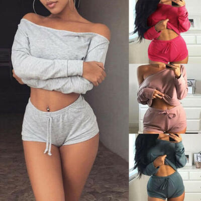 

2PCS Women Gym Sport Long Sleeve TopShort Pant Sets Tracksuit Crop Clothes