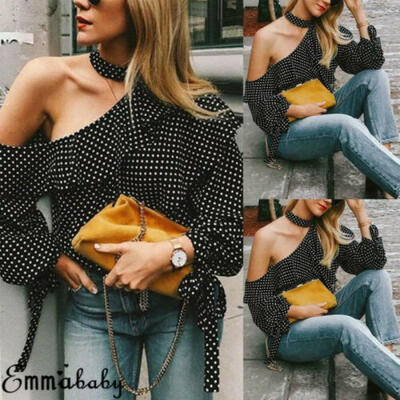 

Women Ladies Ruffle Polka Dot Off Shoulder T-shirt Long Sleeve Tops Blouse Shirt