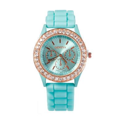 

Women Quartz Watch Rhinestone Crystal Lady Three Eyes Dial Silicone Watch
