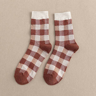 

New Fashion Cotton Socks College Style Ladies Plaid Colorblock Tube Socks
