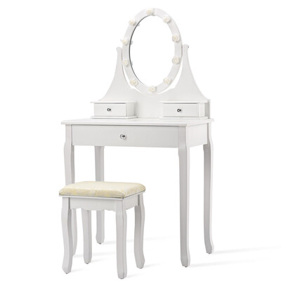 

3 Drawers Lighted Mirror Vanity Makeup Dressing Table Stool Set