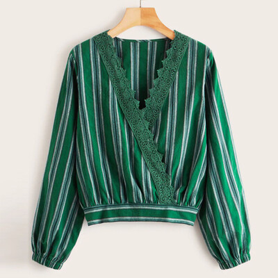 

Tailored Womens Long Sleeve Stripe Lace V Neck Blouse Tee Shirt Tops