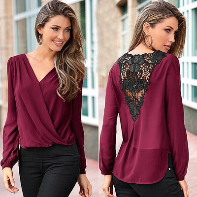 

Sexy Fashion Women V-neck Tops Tee Long Sleeve Shirt Casual Blouse Loose T-shirt