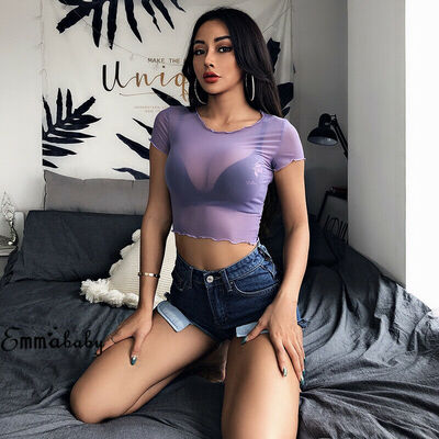 

Hot Women Sheer Mesh Fish Net Short Sleeve See Crop Top T-Shirt Blouse  M L