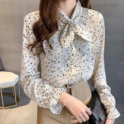 

Womens Long Sleeve Printed Tops Blouse Ladies Casual OL Bow Tie Neck Shirts