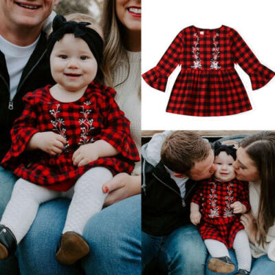 

Toddler Kids Baby Girl Casual Princess Long Sleeve Dress Plaid Print Lace Dress