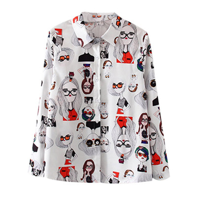 

blouse Women Cartoon Print Lapel Shirt Loose Single-breasted Long Sleeve Sun Protection Blouse