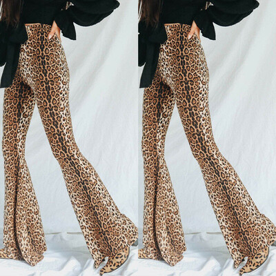 

Womens Skinny Flare Leopard Print Bell Bottom Stretch High Waist Pants Trousers