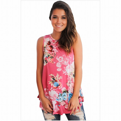 

High-neck sleeveless floral print vest-style casual straight top