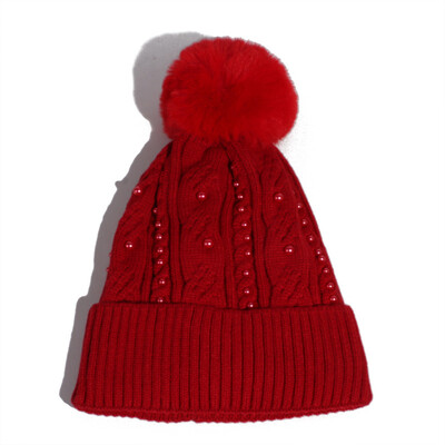 

Hats ladies autumn&winter Korean version pearl wool cap thickened&fluffy ball hood outdoor warm knit cap tide