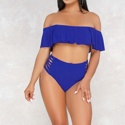 

Roseonmyhand Sexy Women Bikini Set Ruffle Solid Off-Shoulder Swimmer Push Up Swimsuit