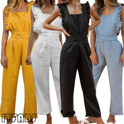 

Casual Womens Square-cut Collar Sleeveless Ruffle Jumpsuit Wide Leg Romper AU