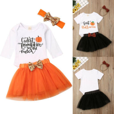 

Newborn Infant Baby Girl Pumpkin Romper Tutu Skirt Headband Halloween Outfit Set