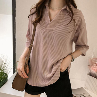 

Sexy V-Neck Striped Three Quarter T-Shirts Women Cotton&Chiffon Casual Tops Shirts