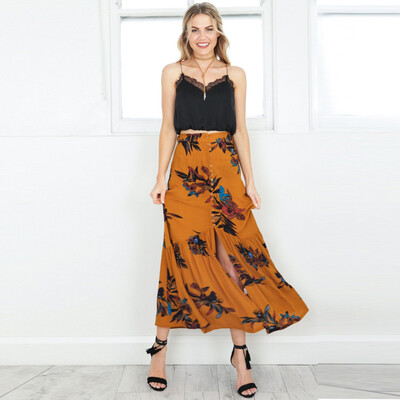 

Roseonmyhand Womens Casual Flower Printing High Waist A-Line Long Skirt
