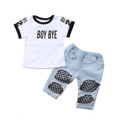 

Newborn Kid Baby Girls T-shirt Tops Mesh Hole Denim Pants Jeans Outfits