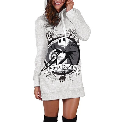 

Fashion Women Halloween Hooded Hoodie Skull Bone Daddy Print Long Sleeve Drawstring Pocket Streetwear Longline Casual Pullover