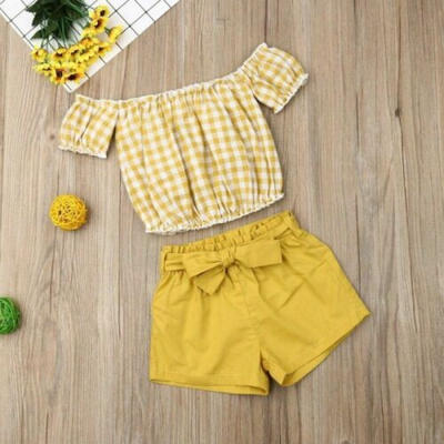 

US Newborn Baby Girl Kid Off Shoulder Linen Plaid Top Shorts Summer Clothes 2pcs