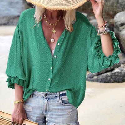

Autumn Fashion Women Deep V-neck Long sleeves Loose Printed shirt