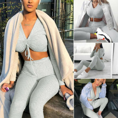 

Women Knit Crop Top Lounge Wear Suit Ladies Co ord 2pcs Tracksuit Set Casual AU