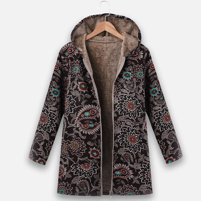 

Toponeto Plus Size Women Vintage Zipper Ethnic Print Hooded Fleece Long Sleeve Coat