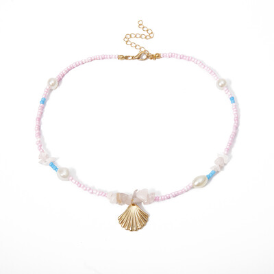 

Handmade Natural Stones Round pink Beads shell pearl Crystal Choker Pendant Necklace for women 2019 Gift