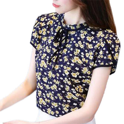 

Womens Chiffon Print Sweet Tie Short Sleeve Shirt