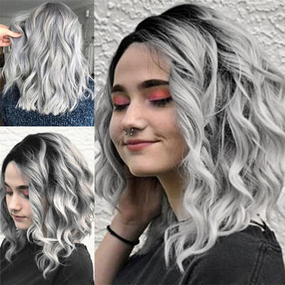 

NEW Women Gray Short Natural Curly Wavy Wig Synthetic Hair Cosplay Full Wigs