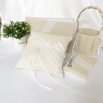 

Wedding Accesorries Burlap Wedding Guest Book Pen Holder Silver Pen Flower Girl Basket Ring Pillow Set Pack of 5