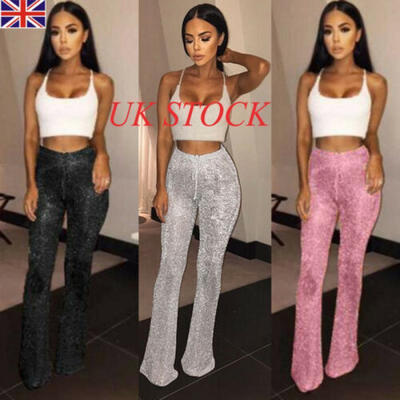 

UK Womens Bell Bottom Long Pants Sequin High Waisted Clubwear Trousers Size 8-14