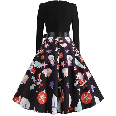 

L8078 cross-border Christmas retro large size womens autumn&winter round neck long-sleeved color print large dress black