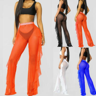 

Sexy Women Beach Mesh Ruffles Sheer Wide Leg Pants Bikini Cover Up Trousers UK