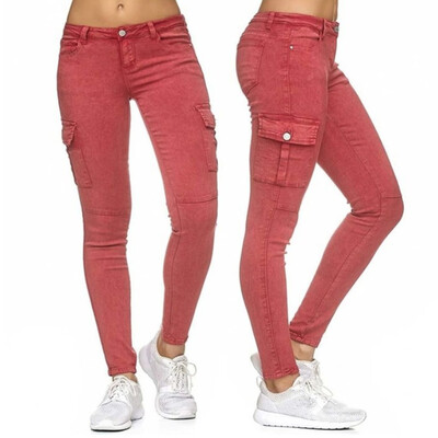 

Gobestart Womens High Waist Solid Jeans Button Side stand Pockets Trouser Pencil Pants