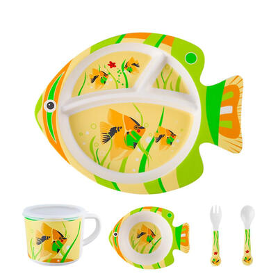 

5pcs Baby Feeding Tableware Set Bamboo Fiber Plate Bowl Fork Spoon Cup