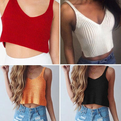

Sexy Womens Lady Crochet Knit Crop Top Halter Bra Bralette Deep V-neck Blouse 4 Color
