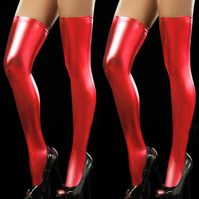 

Womens Wet Look PU Lingerie Leather Thigh High Stockings Stay-Up Leggings