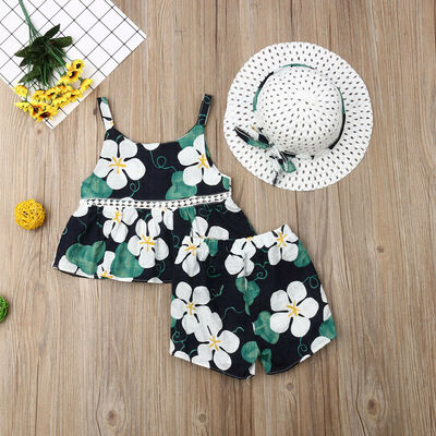 

Summer Baby Kids Girls Toddler Dress TopsShort Pants Hat Outfits Clothes Set