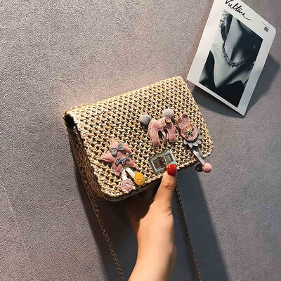 

Square Straw Chain Bag Creative Cute Decor Pendant Girl Rattan Weaving Bag Clutch Shoulder Bag