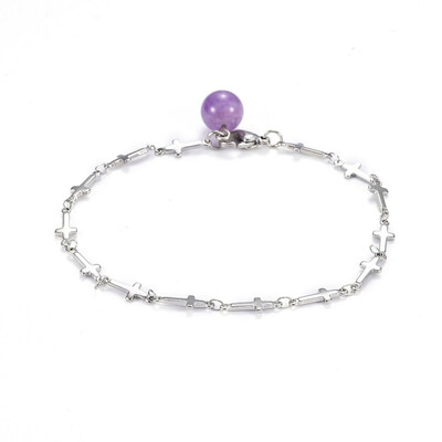 

304 Stainless Steel Cross Link Anklets with Natural Amethyst Pendants&Lobster Claw Clasps 8-38"212cm